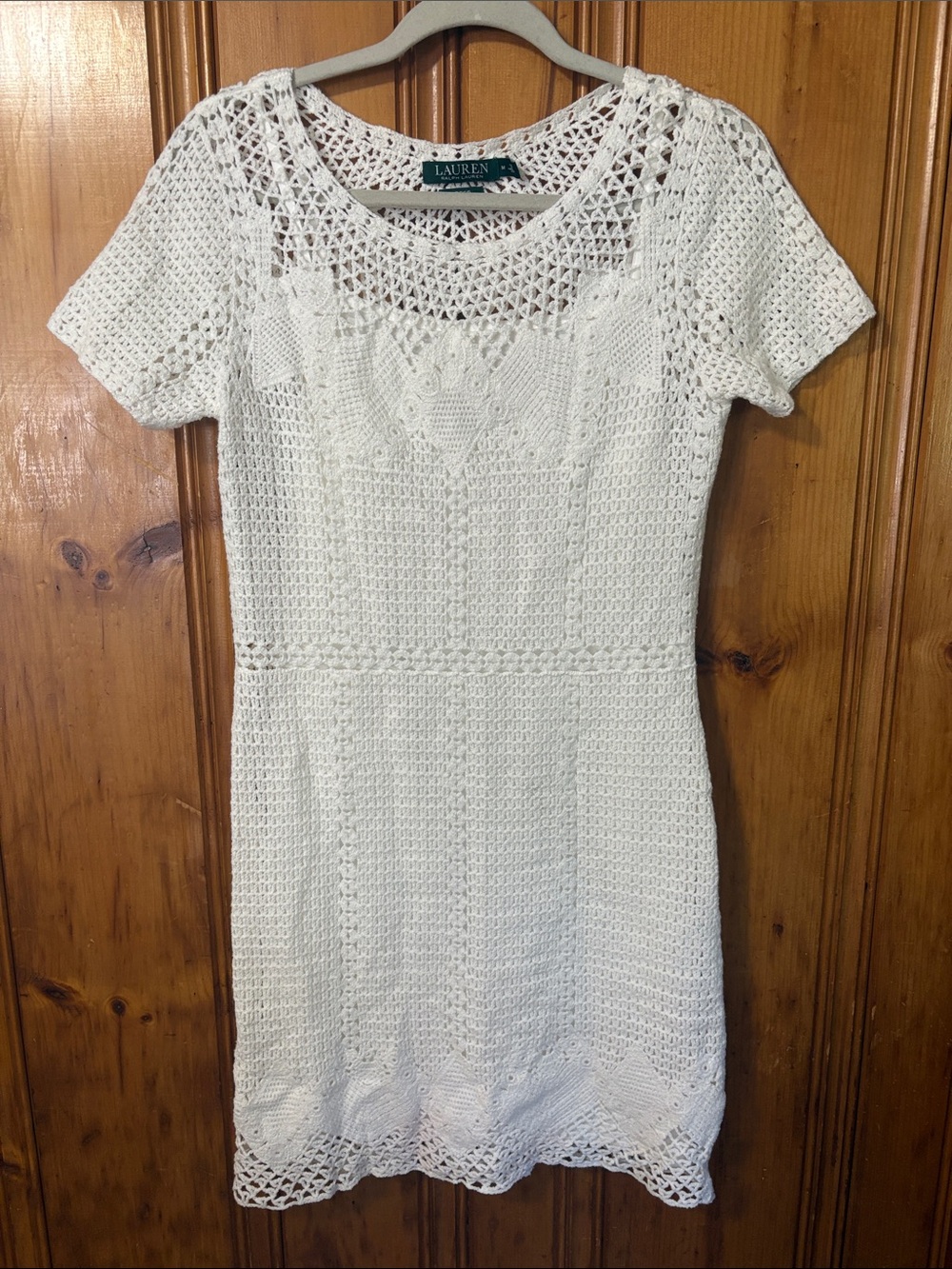 Lauren Ralph Lauren White Crochet Short Sleeve Mini Dress - Size Medium